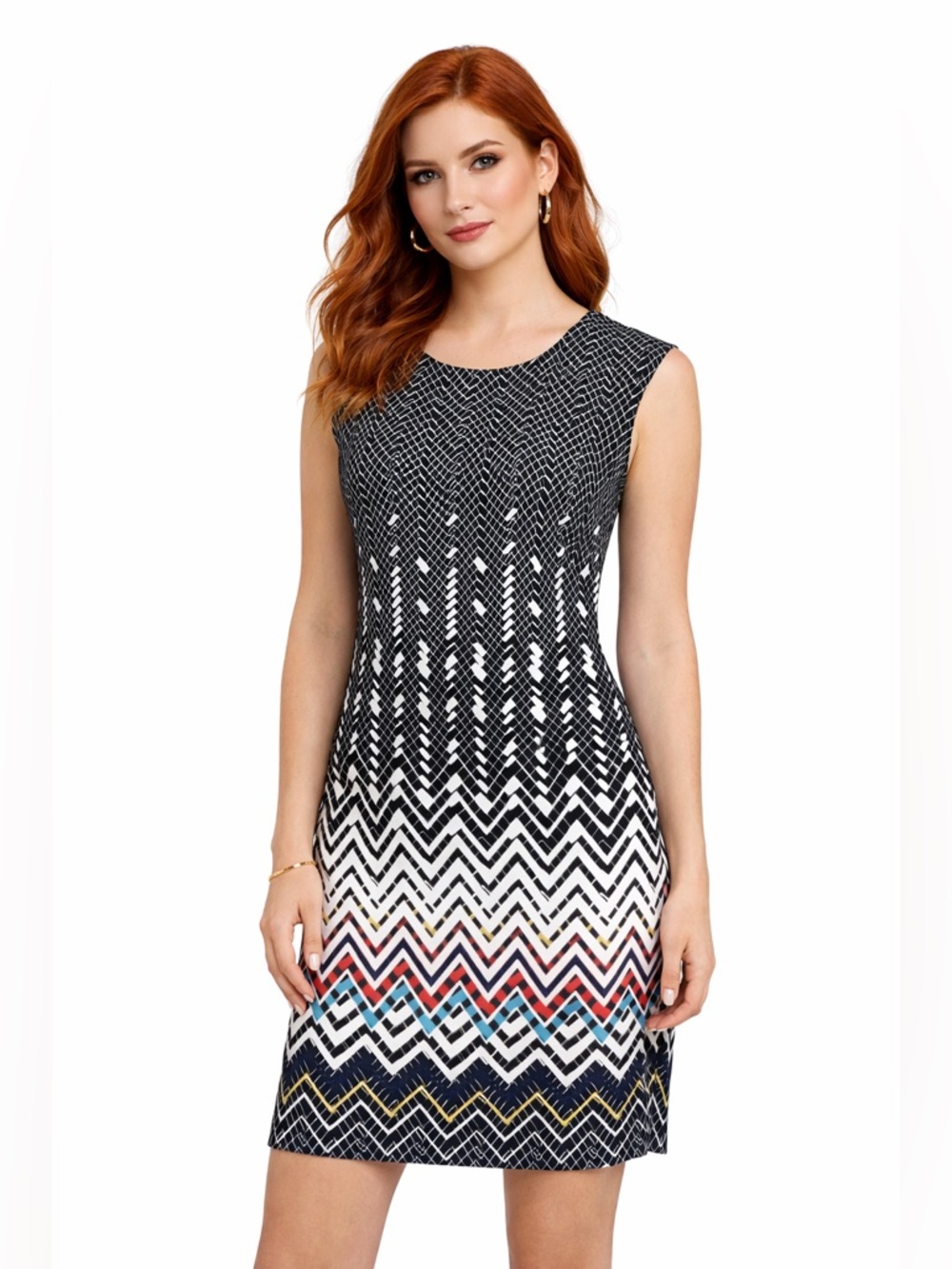 Black White Geometric Sheath Dress Sleeveless Career Office Workwear Size 8